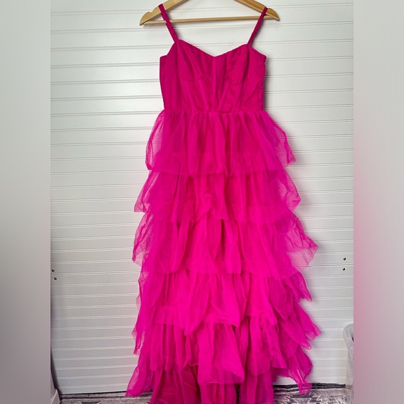 Lulus Rule the Runway Hot Pink Tulle Bustier Tiered Maxi Dress - Picture 9 of 10